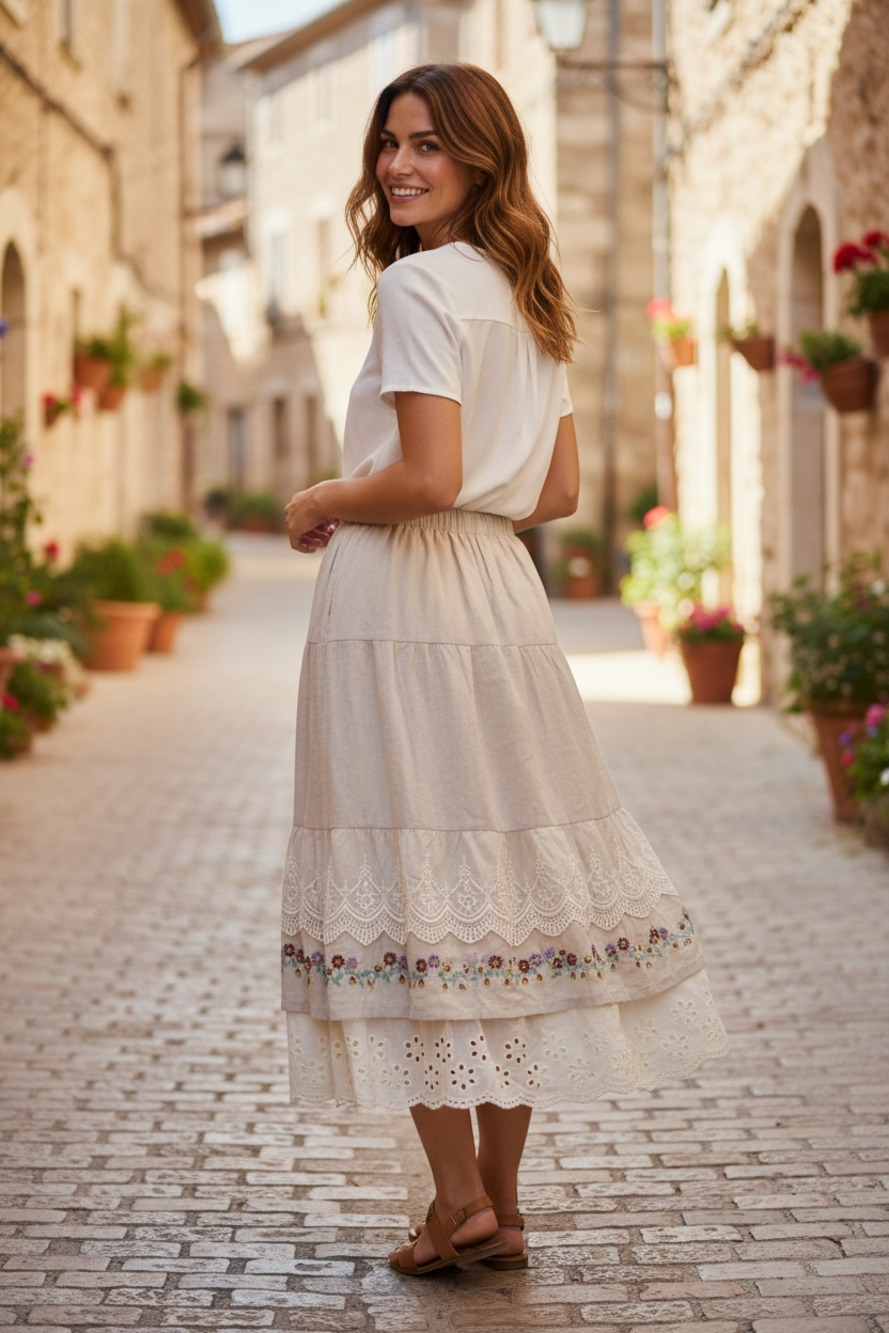 Cream Linen Blend Tiered Maxi Skirt Small Beige Flowy Coastal Boho Cottagecore P